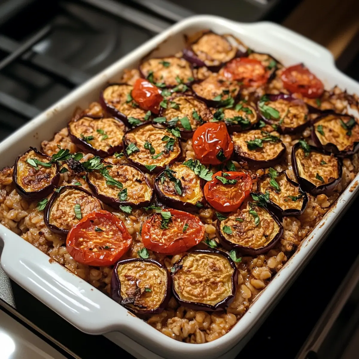 Roasted Eggplant Tomato Farro Bake