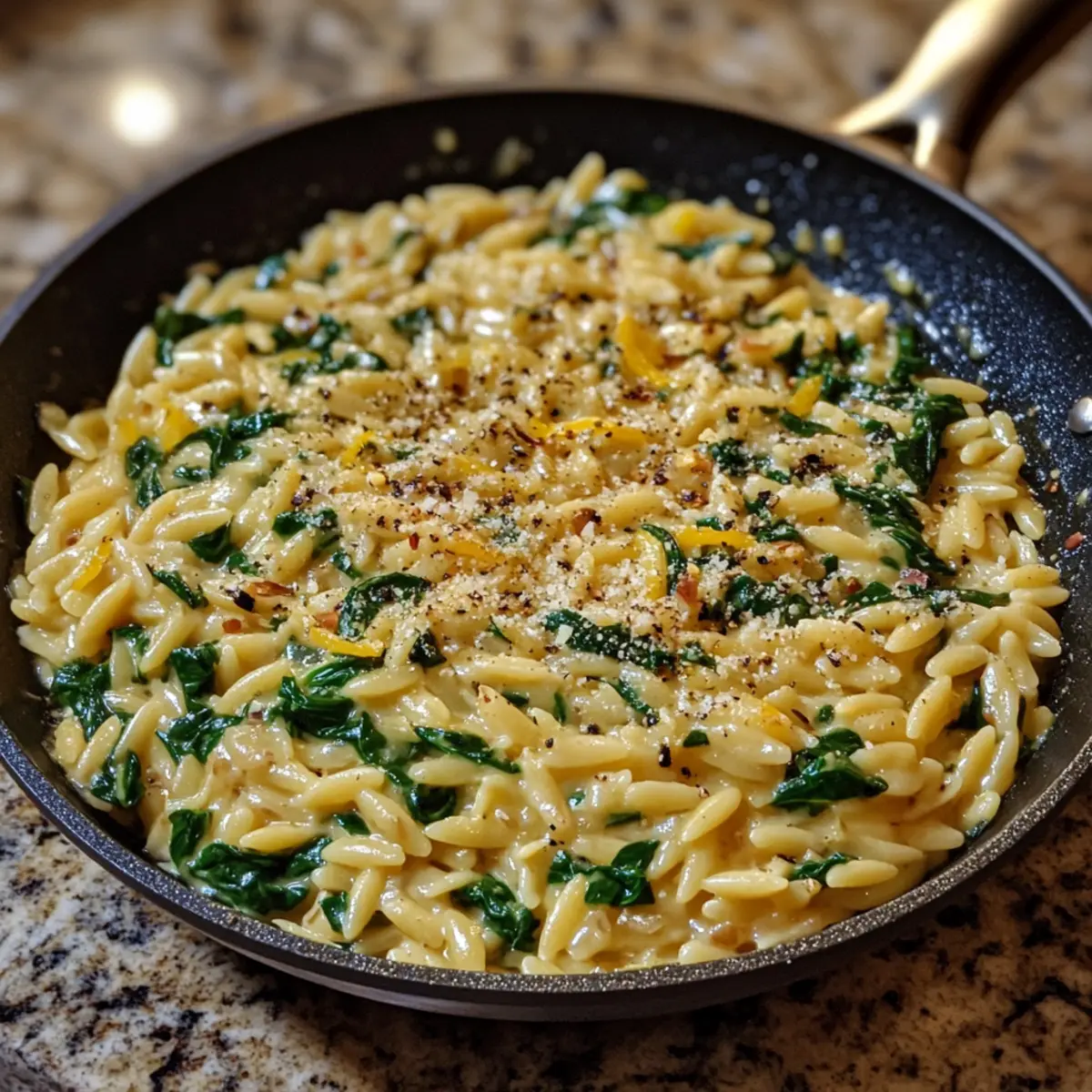 Creamy Lemon Spinach Orzo Skillet