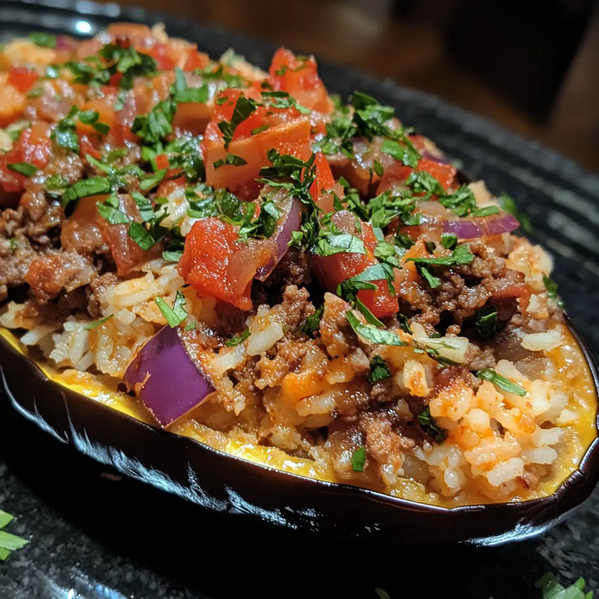 Greek Stuffed Eggplant with Beef and Rice