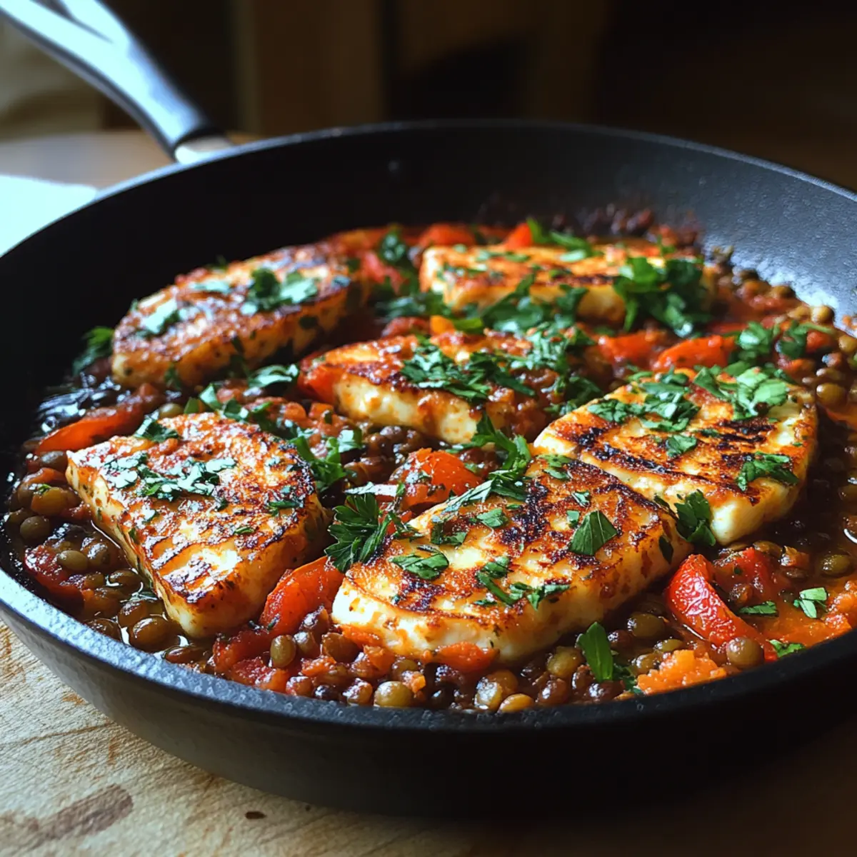 Crispy Halloumi & Lentil Tomato Skillet
